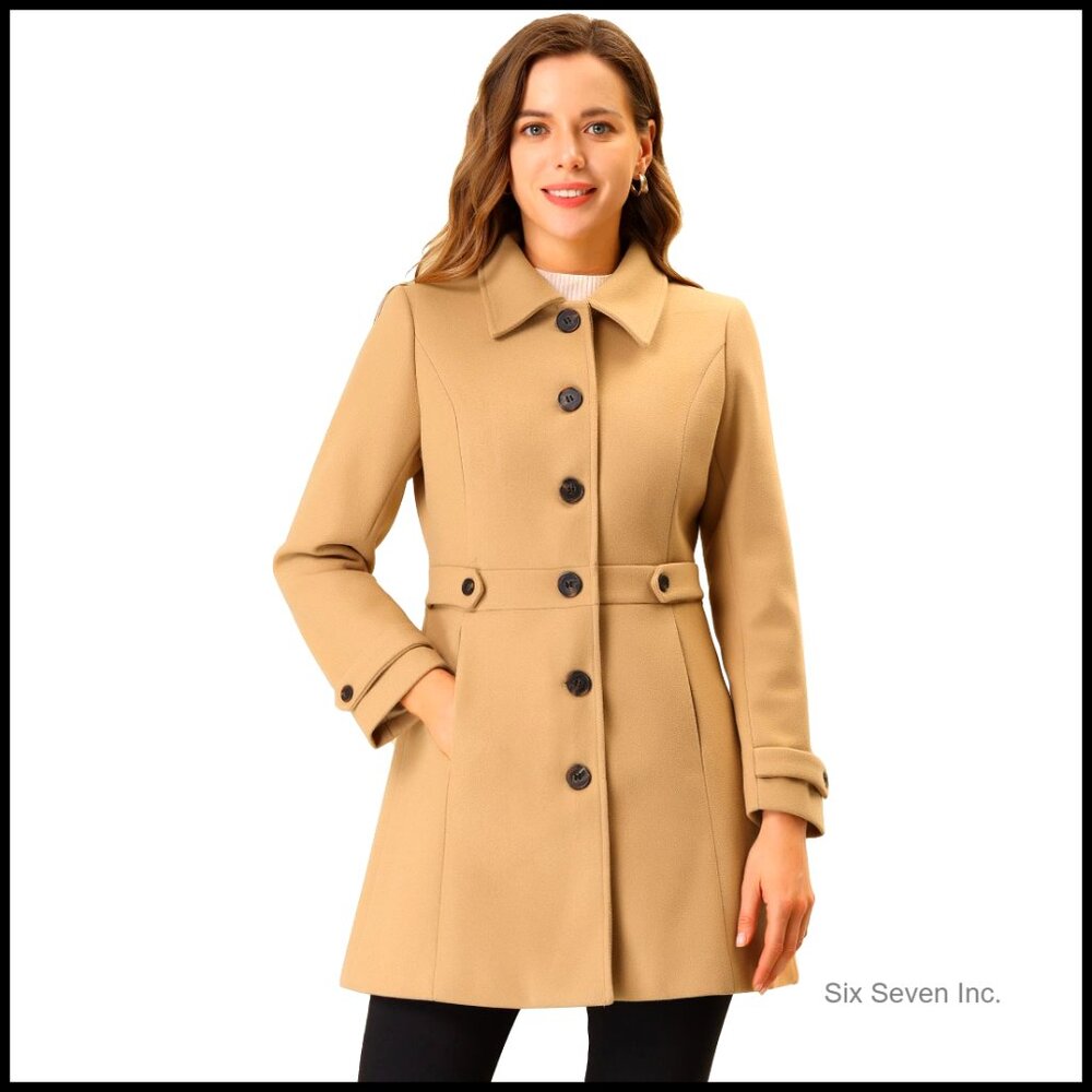 Women's Winter Pea Coat Overcoat With Pockets Belted Cuffs Fully Lined